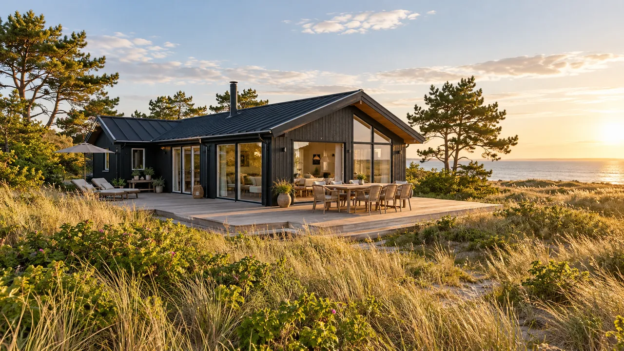 Et indbydende sommerhus med træterrasse ved kysten